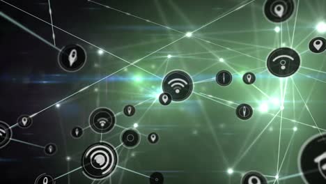 Animation-of-network-of-connections-with-icons-over-black-and-green-background