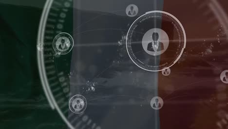 Animation-Von-Benutzersymbolen-über-Irischer-Flagge-Und-Landschaft
