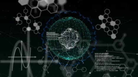 Animation-of-globe-and-scientific-data-processing-on-black-background