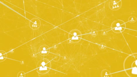 Animation-of-network-of-connections-with-icons-over-yellow-background
