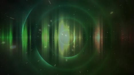 Animation-of-green-lights-and-circles-on-black-background