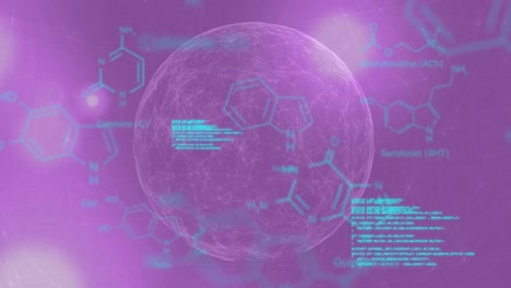 Animation-of-globe-and-scientific-data-processing-on-pink-background