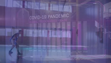Animation-of-covid-19-pandemic-text-and-data-processing-over-african-american-man-playing-basketball