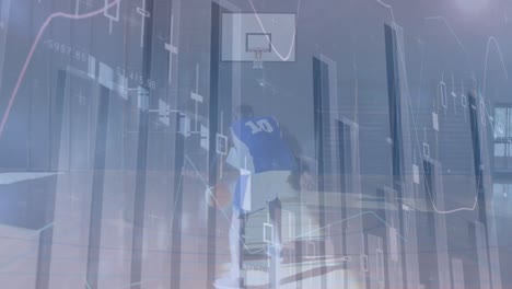 Animation-of-financial-data-processing-over-african-american-man-playing-basketball