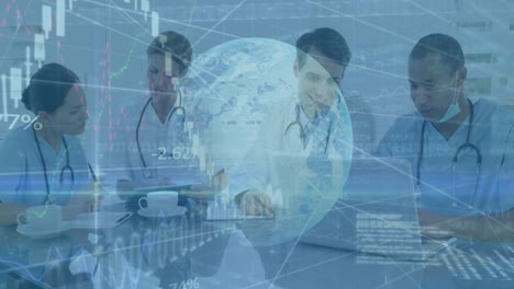 Animation-of-data-processing-and-globe-over-diverse-doctors