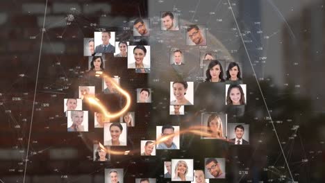 Animation-of-diverse-people-icons-and-globe-with-network-of-connections-over-cityscape