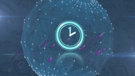 Animation-of-clock-moving-over-purple-shapes,-connections-and-globe-on-navy-background