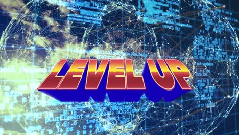 Animation-of-level-up-over-globe-and-data-processing