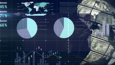 Animation-of-financial-data-processing-over-globe-with-dollar-banknotes-on-blue-background