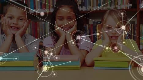 Animation-of-network-of-connections-over-diverse-school-children-with-books
