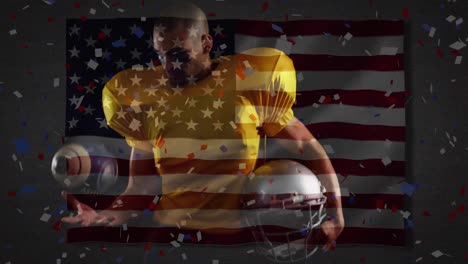 Animation-of-waving-usa-flag-and-falling-confetti-over-american-football-player