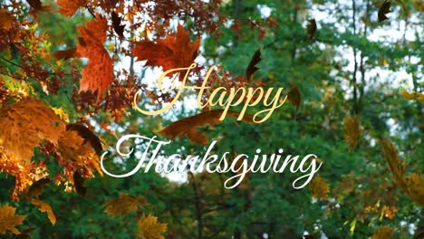 Animation-of-happy-thanksgiving-text-over-leaves-falling-in-park