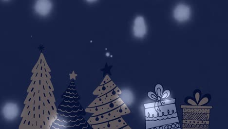 Animation-Von-Lichtpunkten-über-Weihnachtsbäumen-Und-Geschenken-Auf-Blauem-Hintergrund