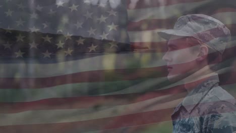 Animation-Des-Schwenkens-Der-Amerikanischen-Flagge-über-Einem-Soldaten