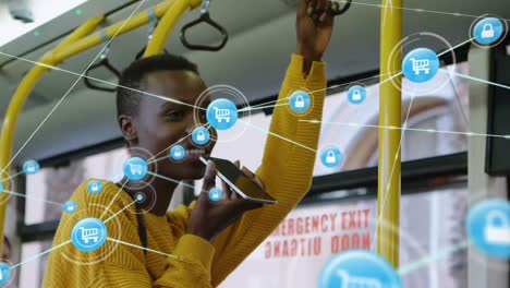 Animation-of-network-of-connections-over-happy-african-american-woman-using-smartphone