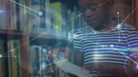 Animation-of-network-of-connections-over-african-american-schoolgirl-reading-book