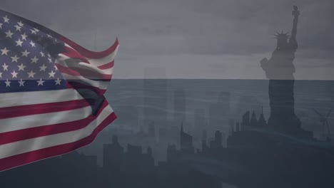 Animación-De-Ondear-La-Bandera-Estadounidense-Sobre-El-Paisaje-Urbano.