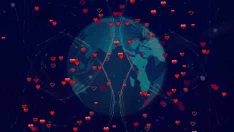 Animation-of-rotating-globe-and-hearts-on-navy-background