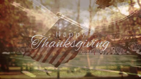 Animation-of-happy-thanksgiving-text-and-leaves-over-flag-of-usa-and-stadium