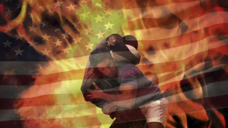 Animation-Der-Schwenkenden-US-Flagge-Und-Flammen-über-Fußballspielern