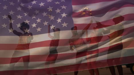 Animation-of-waving-usa-flag-over-group-of-friend-on-the-beach