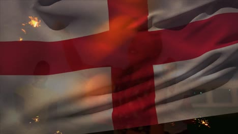 Animation-of-waving-england-flag-over-group-of-friends-on-the-beach