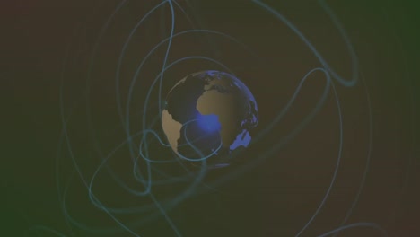 Animation-Von-Symbolen-über-Rotierendem-Globus-Und-Linien-Auf-Schwarzem-Hintergrund