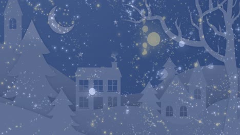 Animation-of-light-spots-over-winter-landscape-on-blue-background