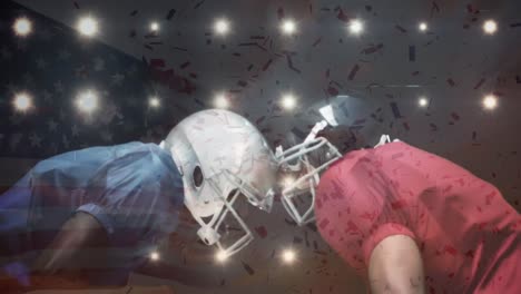 Animation-of-waving-usa-flag-and-falling-confetti-over-american-football-players