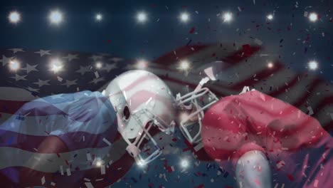 Animation-Einer-Schwenkenden-US-Flagge-Und-Fallendem-Konfetti-über-Einem-American-Football-Spieler