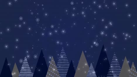 Animation-of-snow-falling-over-trees-on-blue-background