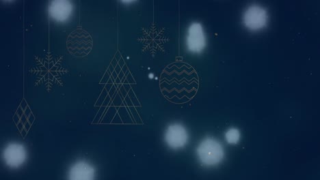 Animation-Von-Lichtflecken-über-Weihnachtsdekorationen-Auf-Blauem-Hintergrund