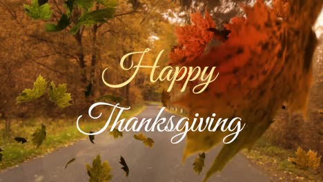 Animation-of-happy-thanksgiving-text-over-leaves-and-park
