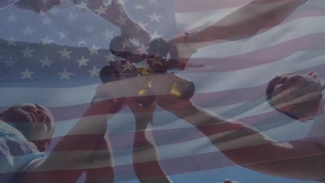 Animation-of-waving-american-flag-over-men-drinking-beer