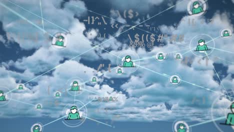 Animation-Des-Netzwerks-Von-Verbindungen-Mit-Symbolen-über-Datenverarbeitung-Und-Himmel-Mit-Wolken
