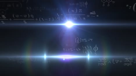 Animation-of-mathematical-equations-and-light-spots-on-black-background