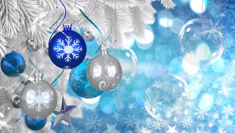 Animation-of-christmas-decorations-over-light-spots-on-blue-background