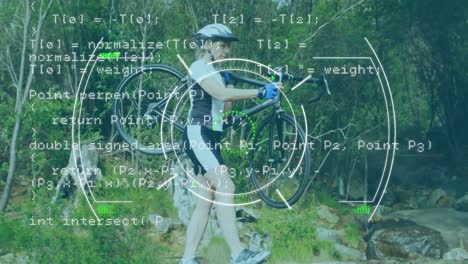 Animation-of-data-processing-and-glitch-over-caucasian-female-biker-with-bike