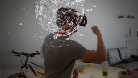Animation-Des-Globus-Mit-Verbindungen-über-Einem-Kaukasischen-Mann-Mit-VR-Headset