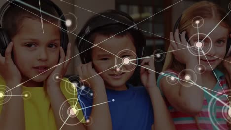 Animation-of-network-of-connections-over-diverse-schoolchildren-with-headphones