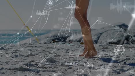 Animation-of-connections-and-data-over-legs-of-caucasian-women-walking-on-beach