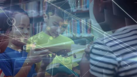 Animation-of-network-of-connections-over-diverse-schoolchildren-with-books-and-teacher