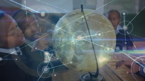 Animation-of-network-of-connections-with-icons-over-african-american-pupils-with-globe-at-school