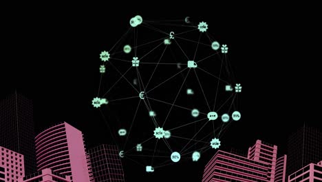 Animation-Des-Globus-Des-Digitalen-Netzwerks-Von-Verbindungen-Mit-Symbolen-über-Einem-Rosafarbenen-3D-Stadtbildmodell