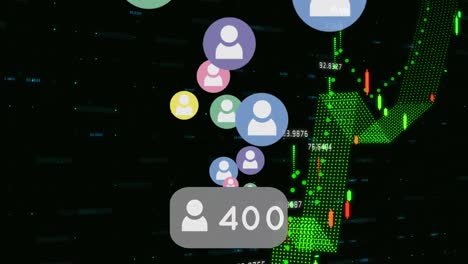 Animation-of-social-media-reactions-over-financial-data-on-black-background