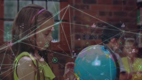Animation-of-network-of-connections-with-icons-over-happy-caucasian-girl-with-globe-at-school