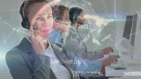 Animation-of-globe-and-numbers-changing-over-diverse-business-people-using-phone-headsets