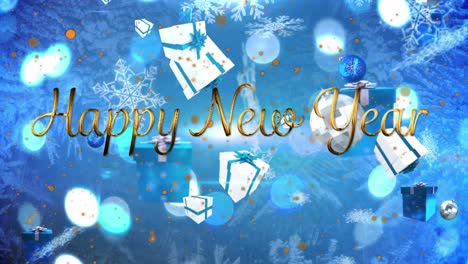 Animation-of-happy-new-year-over-christmas-decorations-on-blue-background