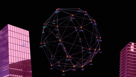 Animation-Des-Globus-Des-Digitalen-Netzwerks-Von-Verbindungen-Mit-Symbolen-über-Einem-Rosafarbenen-3D-Stadtbildmodell