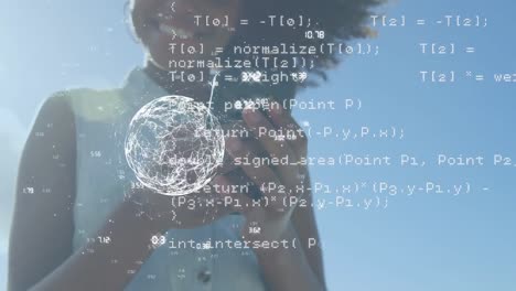 Animation-of-globe-of-connections-over-african-american-woman-using-smartphone